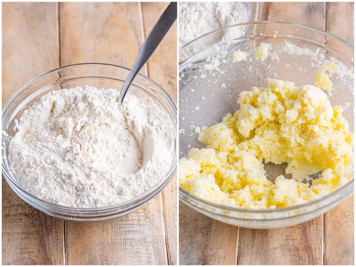 a collage of two photos: flour and baking powder in a mixing bowl; butter and sugar creamed together in a separate bowl. 