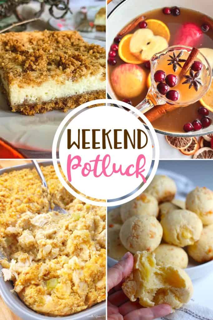 Weekend Potluck featured recipes: Brazilian Cheese Rolls, Thanksgiving Punch, Church Street Cheesecake Squares, Chicken and Dressing Casserole.