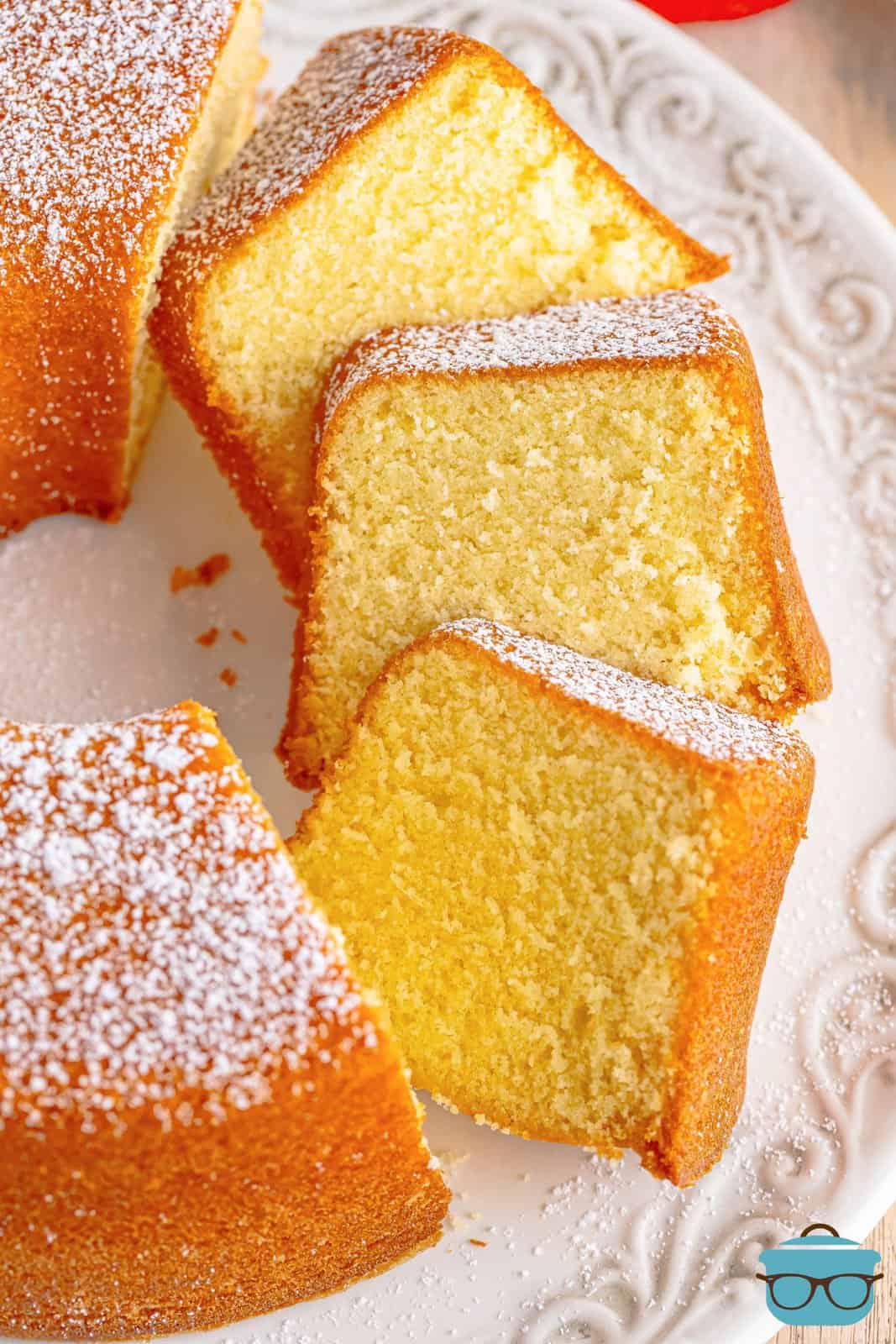 A few slices of Southern Pound Cake on a cake plate.