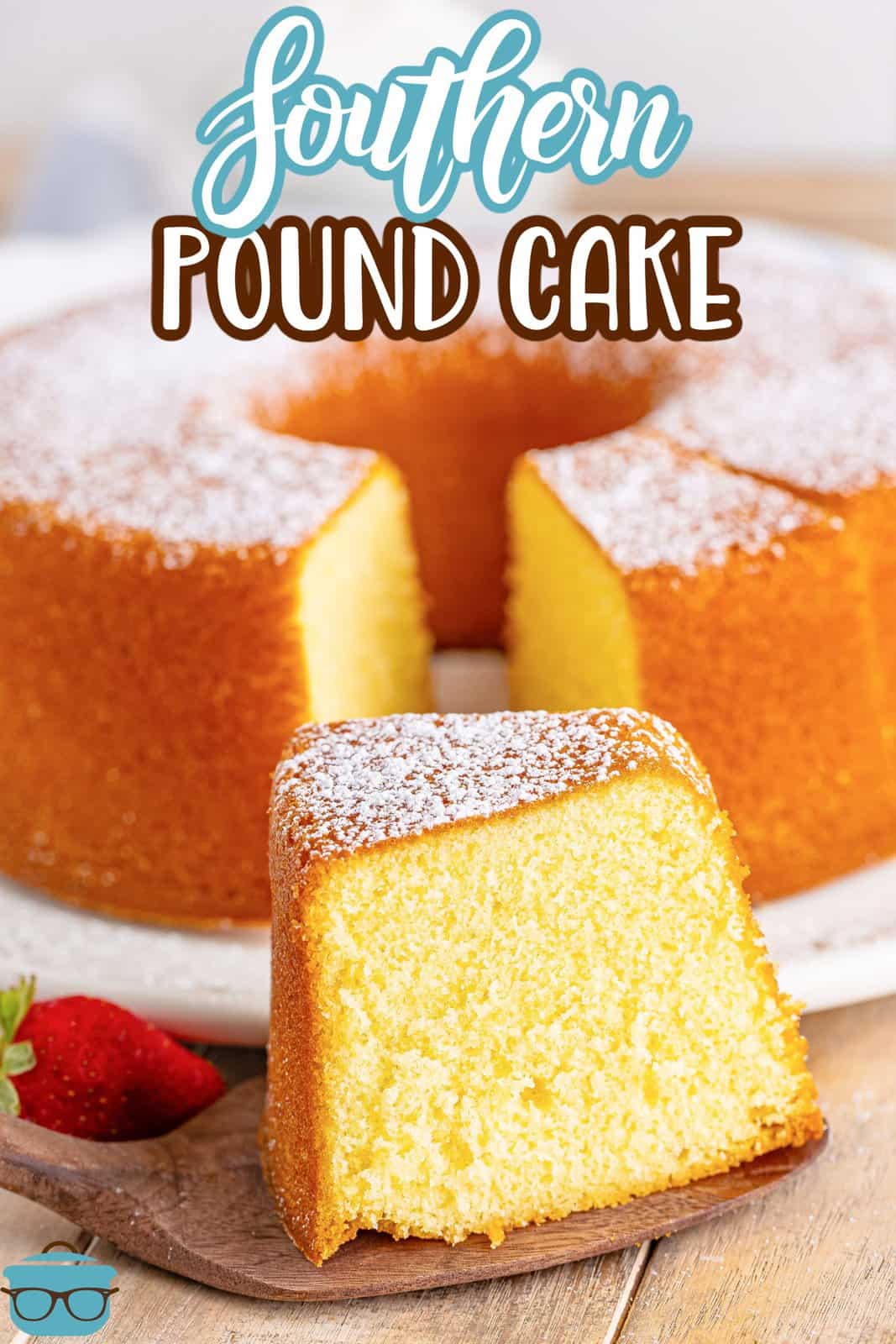 A slice of Southern Pound Cake sitting in front of the rest of the cake.