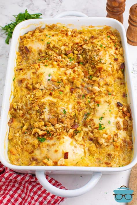Freshly baked Swiss Chicken Casserole in a baking dish ready to be served.