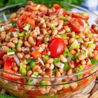 Close up looking at a bowl of Black Eyed Pea Salad.