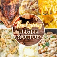 a collage of 6 images of Thanksgiving food with text in the center that says "Thanksgiving Recipe Roundup."