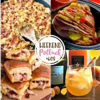Weekend Potluck featured recipes: Loaded Hash Brown Casserole, Turkey Cranberry Brie Sliders, Slow Cooker Holiday Ham, Apple Cider Mimosa Spritzer.