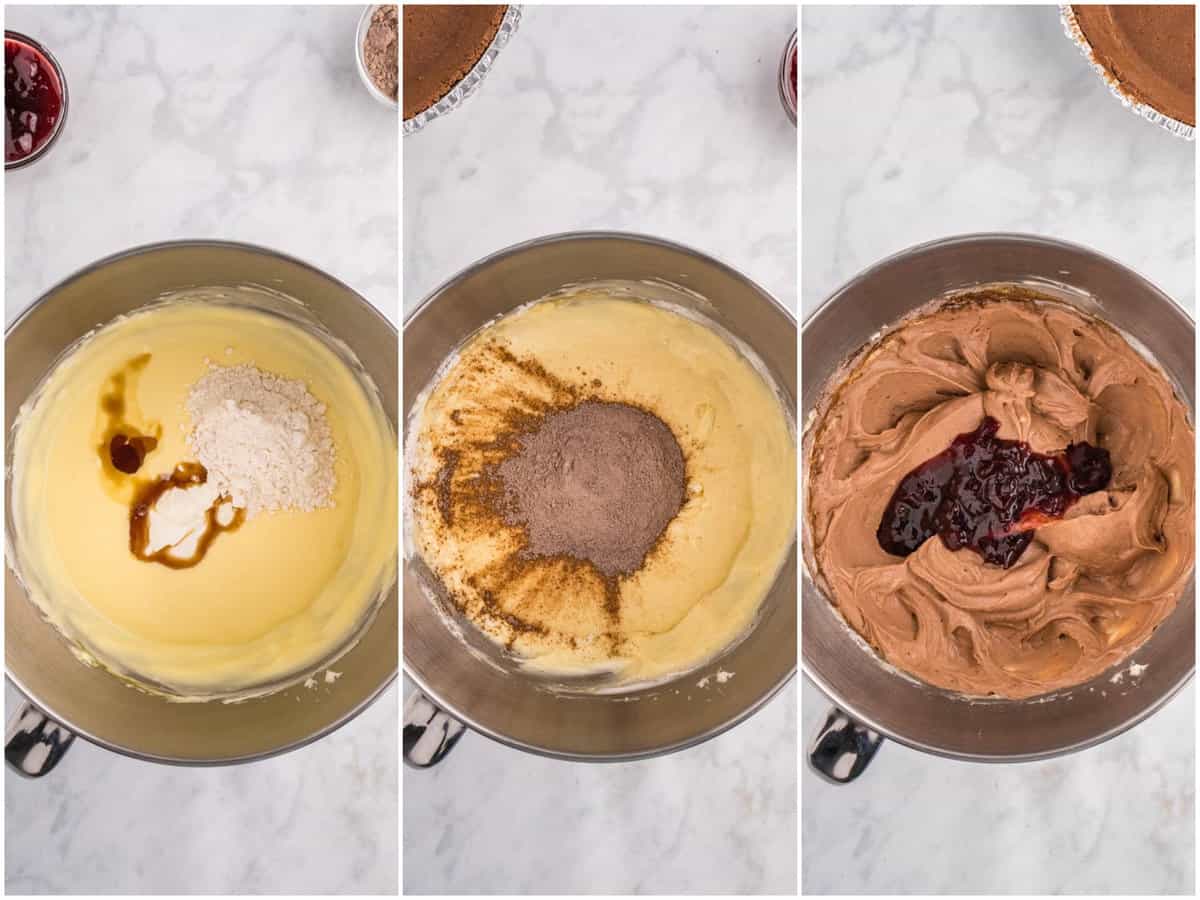 collage of three photos: sour cream, all purpose flour, and vanilla being added to cheesecake mixture; chocolate pudding added to mixture in bowl; cherry preserves added on top to be mixed in. 
