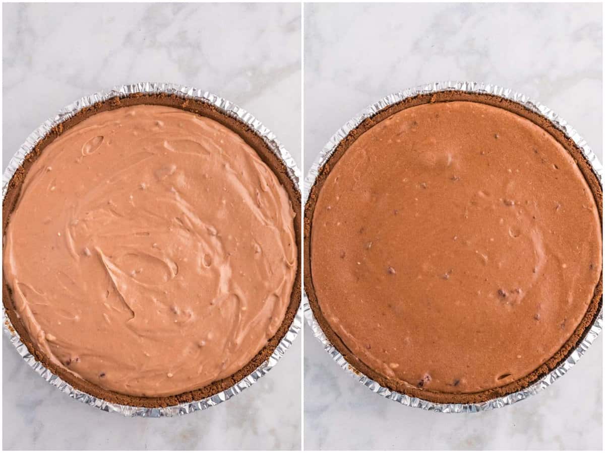 collage of two photos: chocolate cheesecake batter added to chocolate pie crust; fully baked and cooled chocolate cheesecake. 