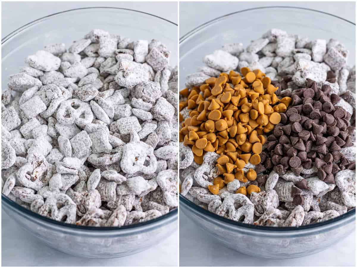 collage of two photos: powdered sugar coated muddy buddies in a bowl; peanut butter chips and chocolate chips added to muddy buddy mix. 