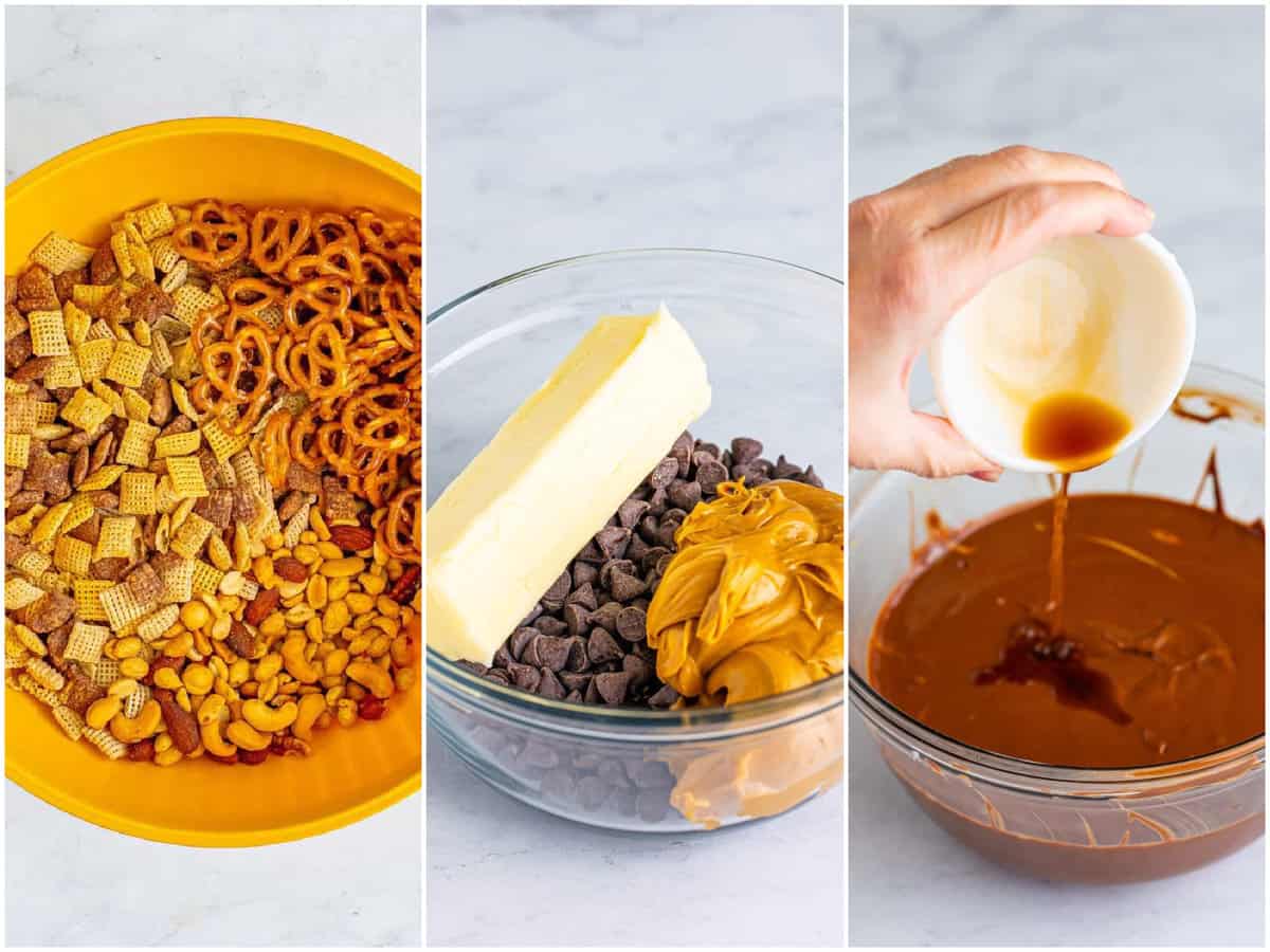collage of three photos: a large mixing bowl with corn Chex, rice Chex, chocolate Chex, pretzels and mixed nuts; peanut butter, chocolate chips and butter in a bowl; pouring vanilla extract into melted chocolate. 