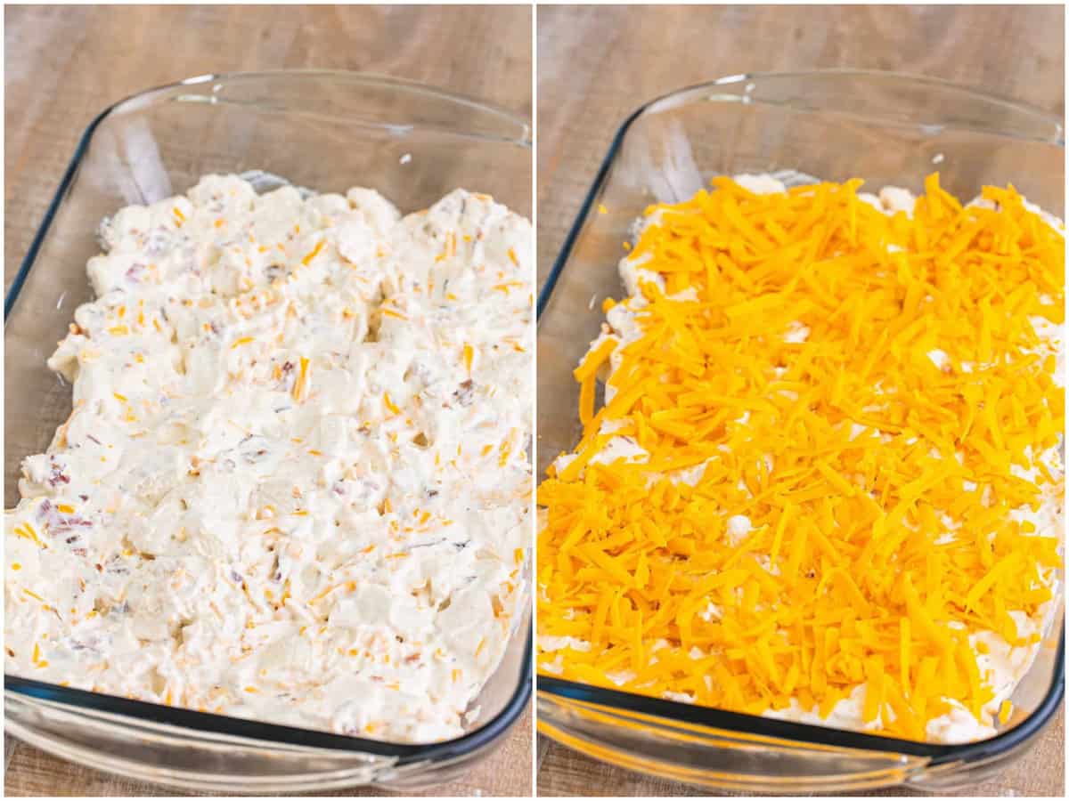 collage of two photos: bubble up mixture added to baking dish; mixture topped with shredded cheddar cheese before baking. 