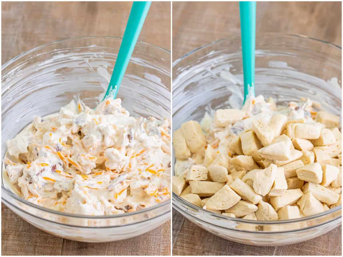 collage of two photos: a mixing bowl with chicken, sour cream, ranch dressing, chopped bacon, and shredded cheddar cheese; biscuit pieces added to the bowl. 
