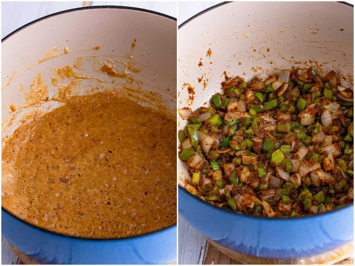 collage of two photos: darkened flour roux in a dutch oven; celery, bell pepper, and onion in a flour roux.