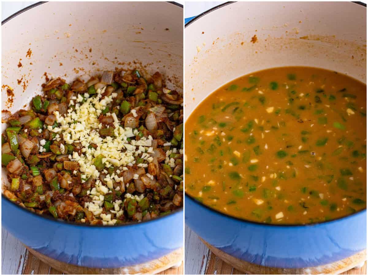 collage of two photos: garlic in a veggie roux in a dutch oven; chicken stock added to the roux mixture. 