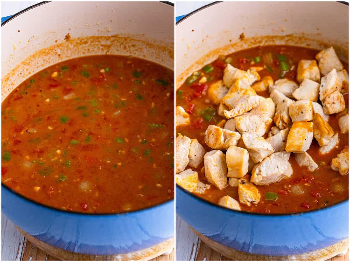 collage of two photos: tomatoes, Worcestershire, bay leaf, creole seasoning, paprika, salt, and pepper all added to the Étouffée sauce; diced cooked chicken added to the sauce. 
