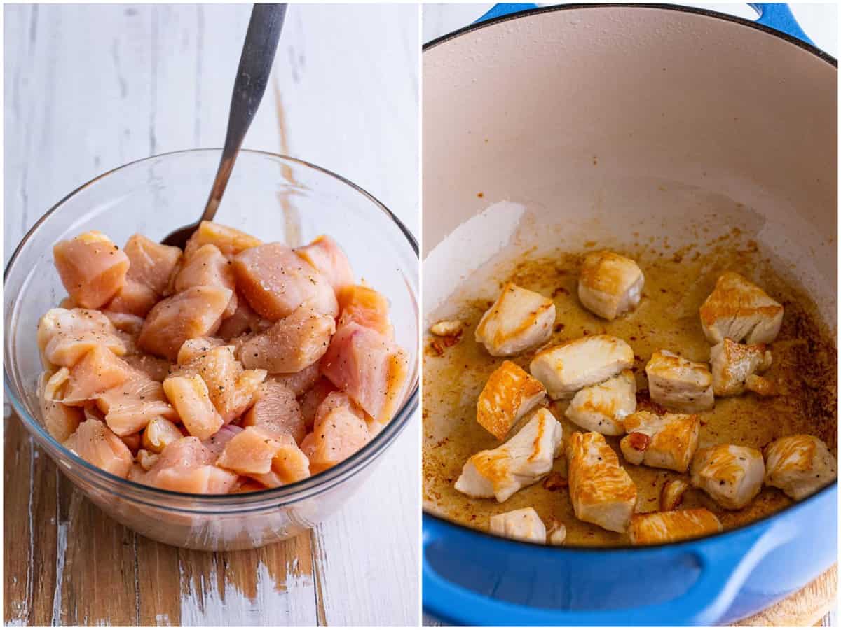 collage of two photos: diced chicken seasoned with salt and pepper in a glass mixing bowl; cooked diced chicken in a dutch oven.