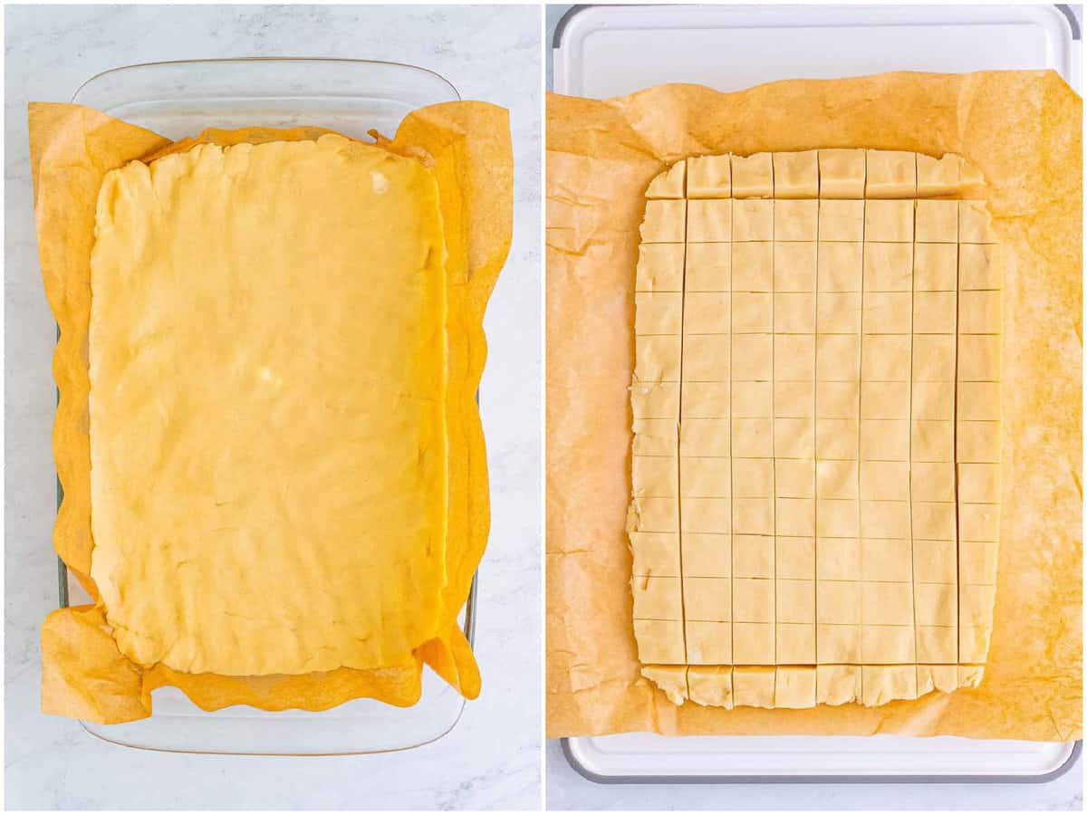 collage of two photos: cookie dough in a baking dish lined with parchment paper; cookie dough cut into squares on a sheet.