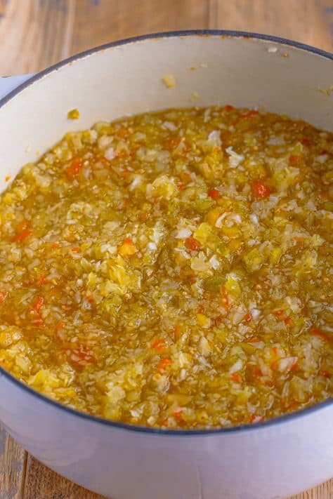 Chow Chow Relish in a dutch oven cooking.