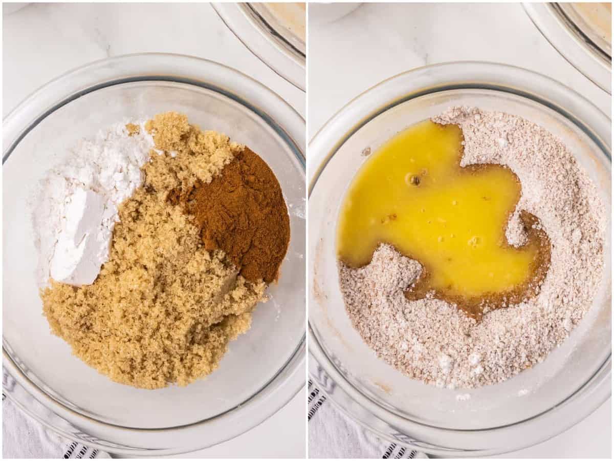 collage of two photos: flour, sugar, and cinnamon in a mixing bowl; melted butter added to flour mixture. 