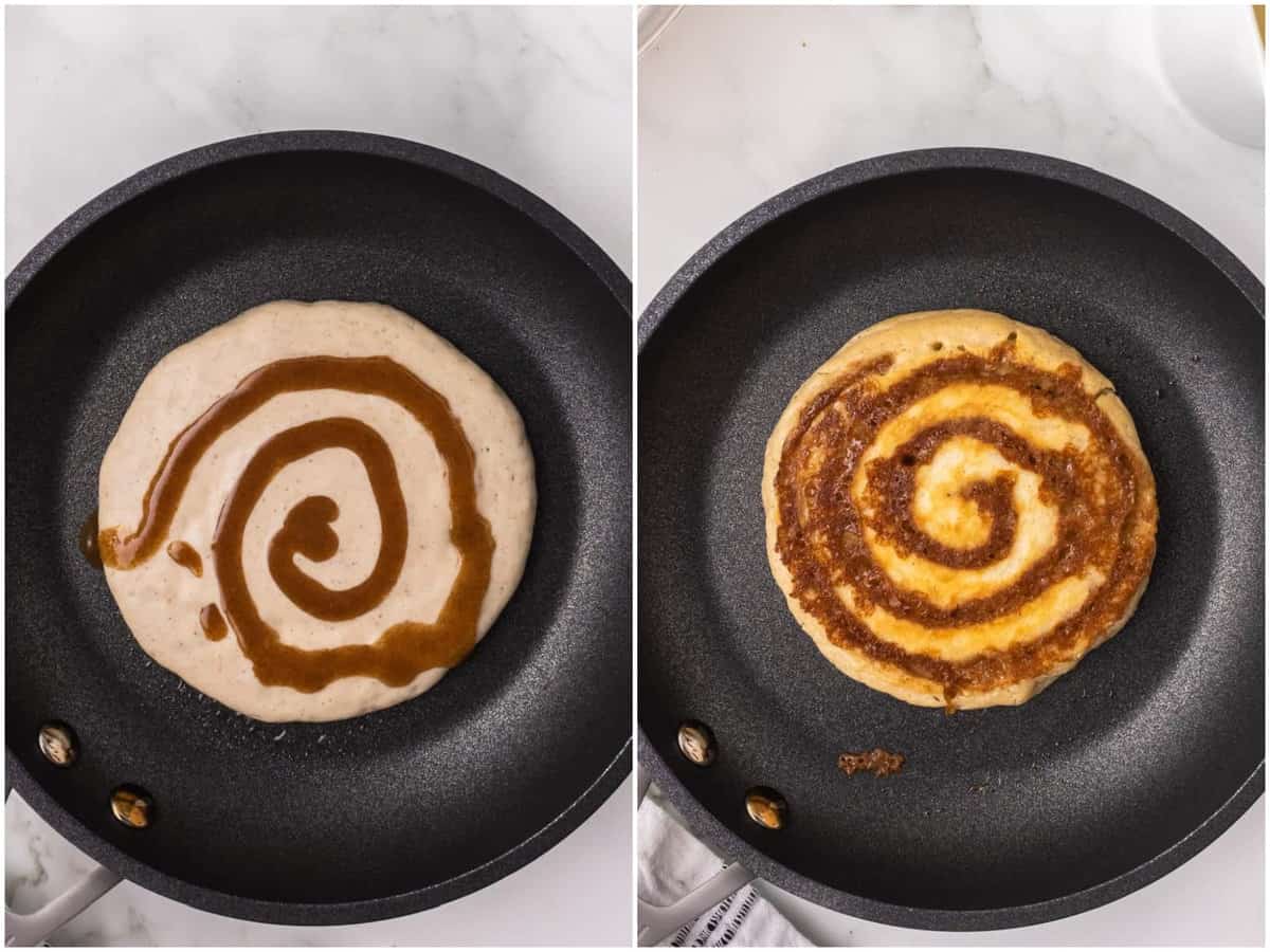 collage of two photos: pancake batter in a pan with cinnamon swirl; partially baked Cinnamon Swirl Pancake oi a skillet.