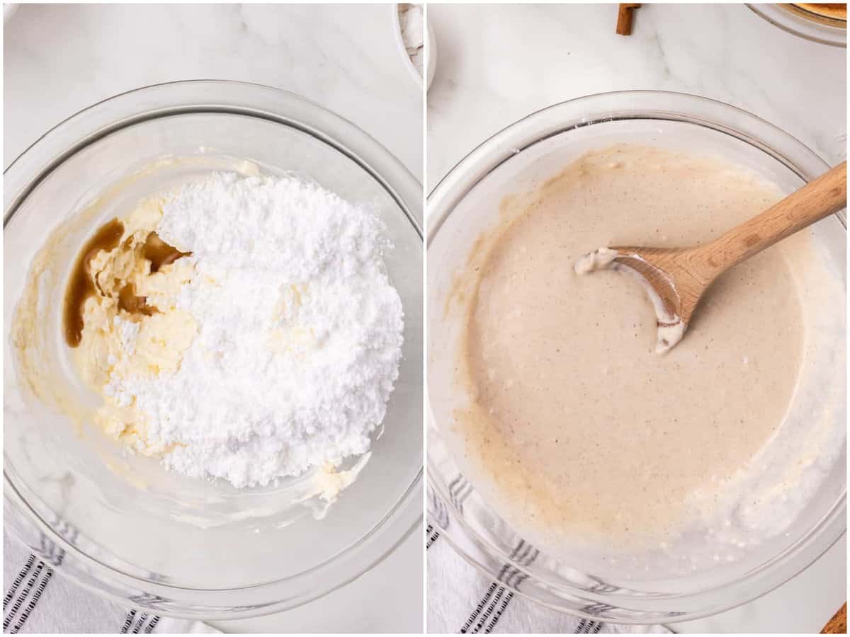 collage of two photos: a mixing bowl with cream cheese, butter, powdered sugar, vanilla extract, and milk; all the ingredients shown mixed together with wooden spoon. 