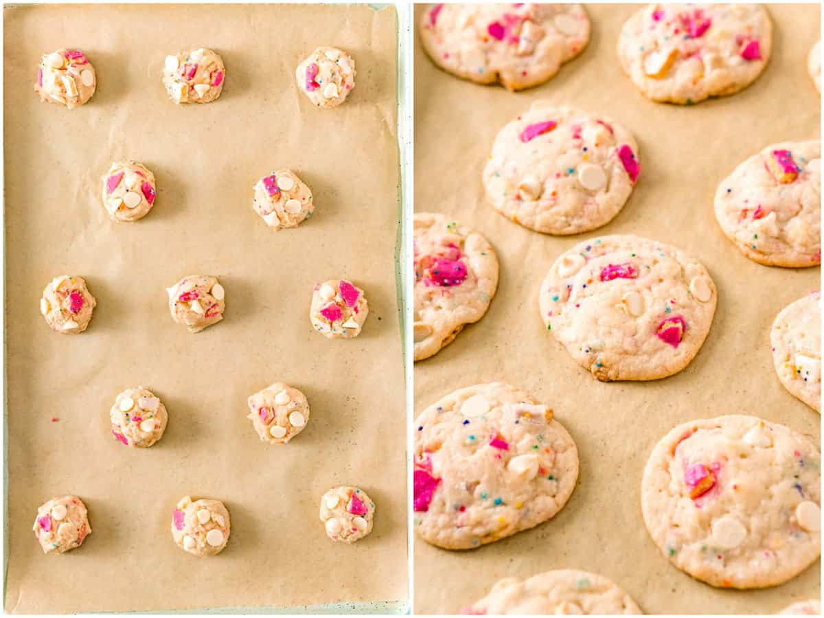 a collage of two photos: cookie dough balls on a lined baking sheet; fresh baked cookies on a cookie sheet.