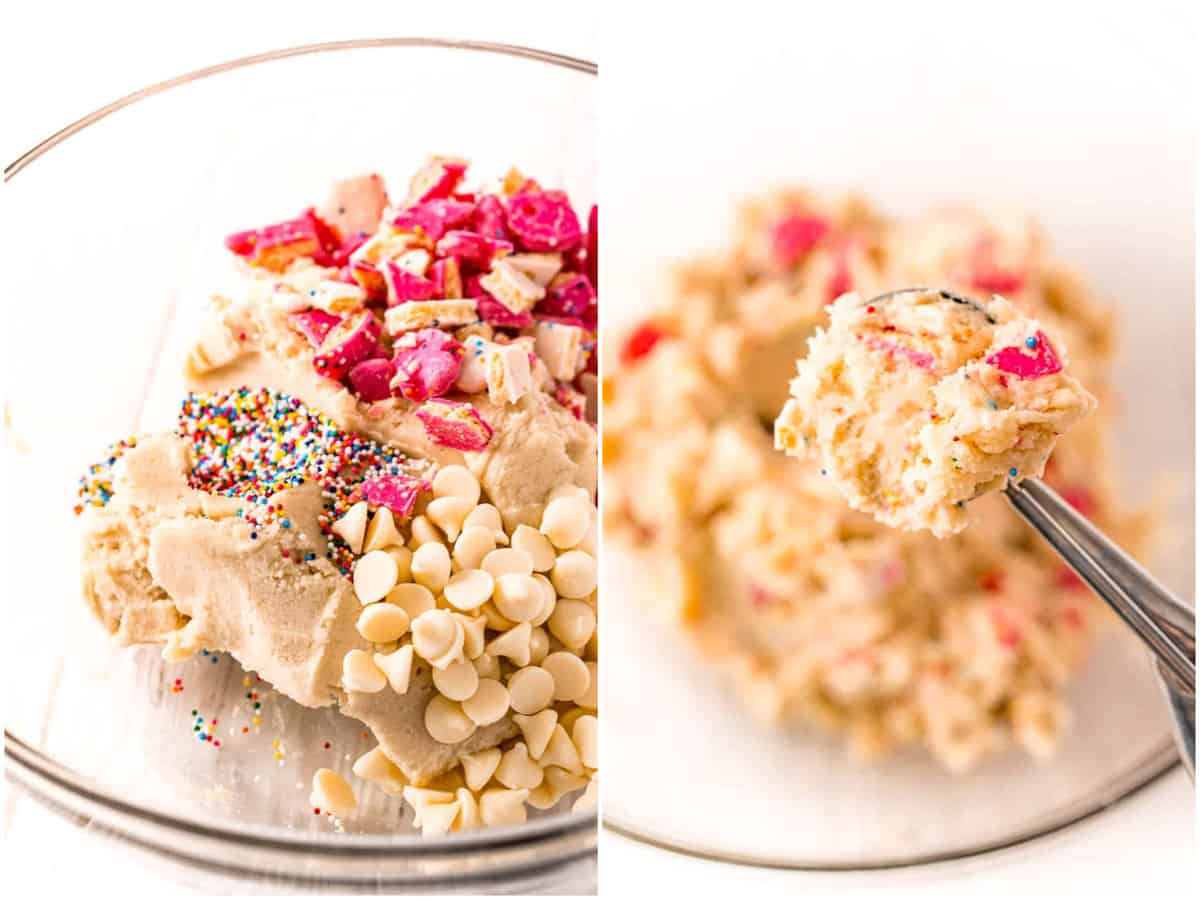 collage of two photos: a mixing bowl with sugar cookie dough, white chocolate chips, circus animal cookie crumbs, and rainbow sprinkles; a cookie scoop holding some cookie dough.