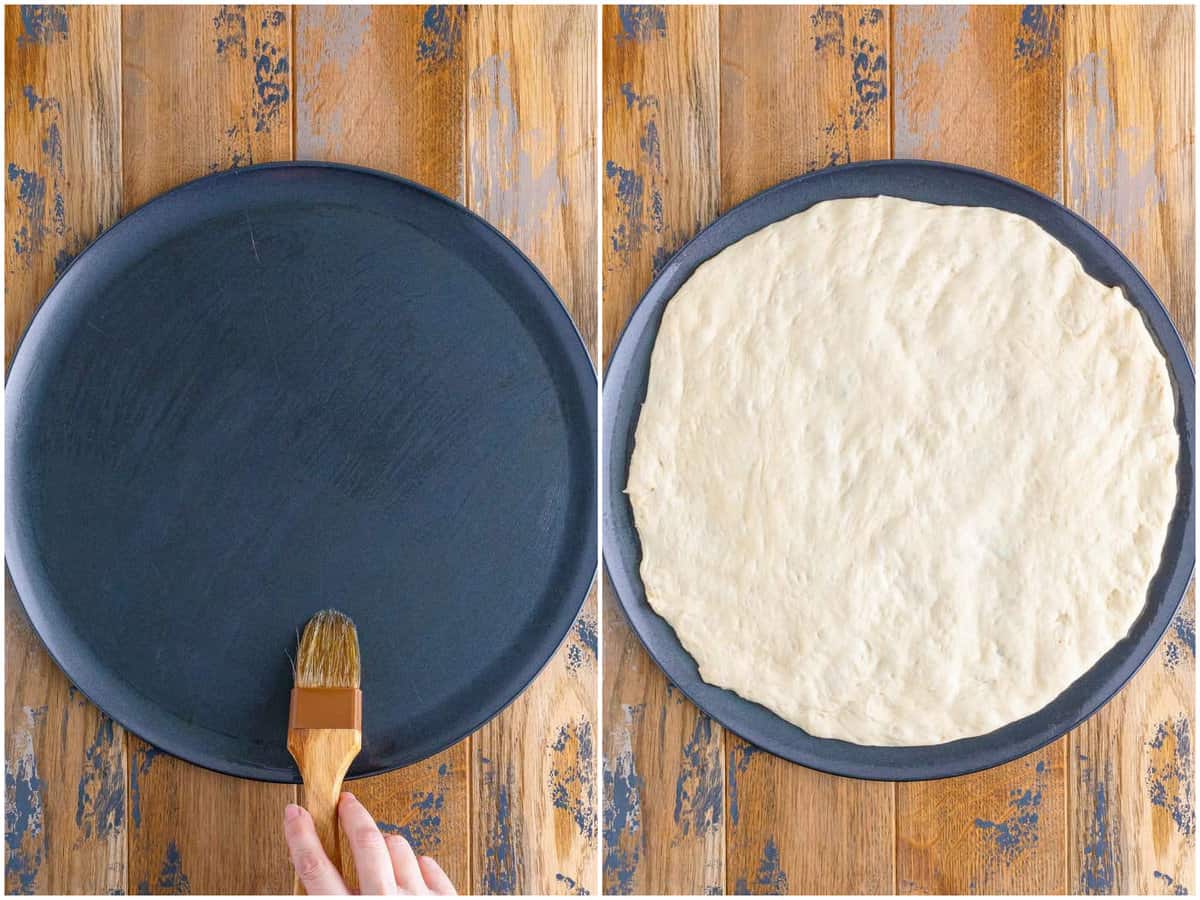 collage of two photos: brushing a pizza pan with oil; spreading pizza dough onto the pizza pan. 