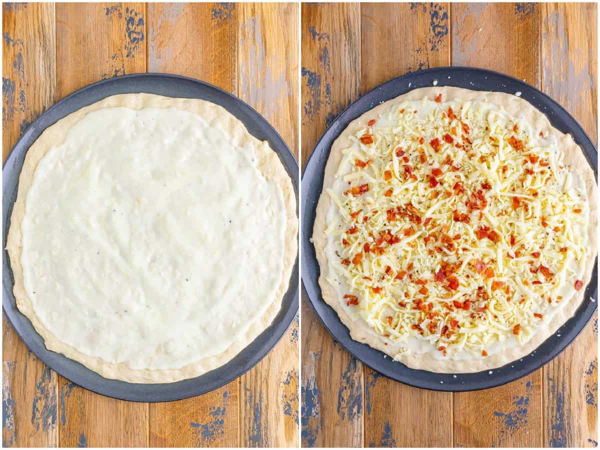collage of two photos: white sauce spread out on pizza dough; cheese bacon and garlic added to the top of the pizza. 