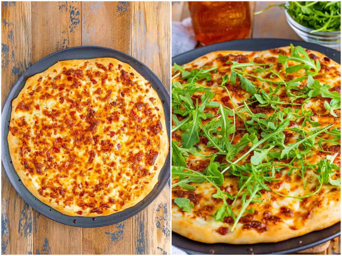 collage of two photos: fully baked white top pizza; baby arugula added to the top of the finished pizza. 