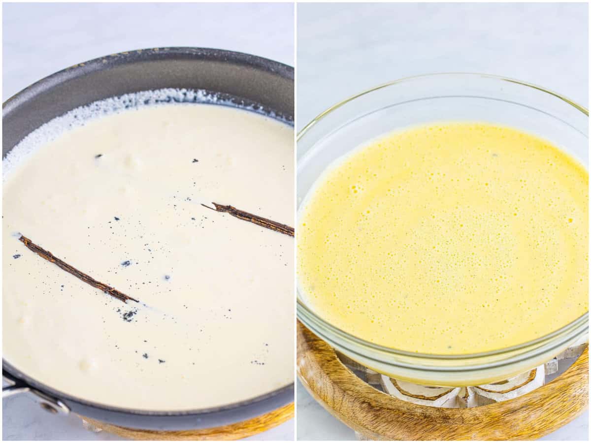 collage of two photos: heavy cream and vanilla bean in a saucepan; heavy cream mixture stirred into egg mixture in a bowl.