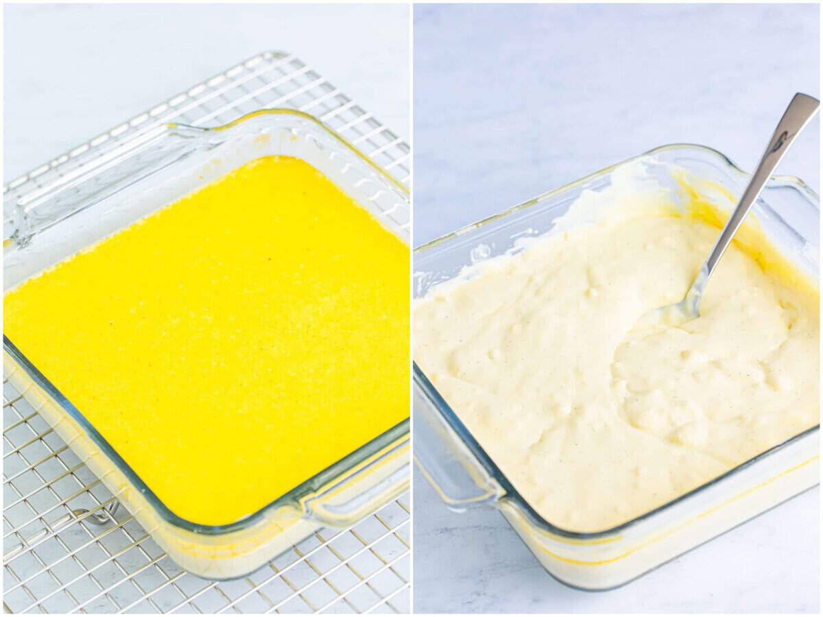 collage of two photos: baked custard mixture cooling on a cooling rack; fully cooled custard being stirred up with a fork. 