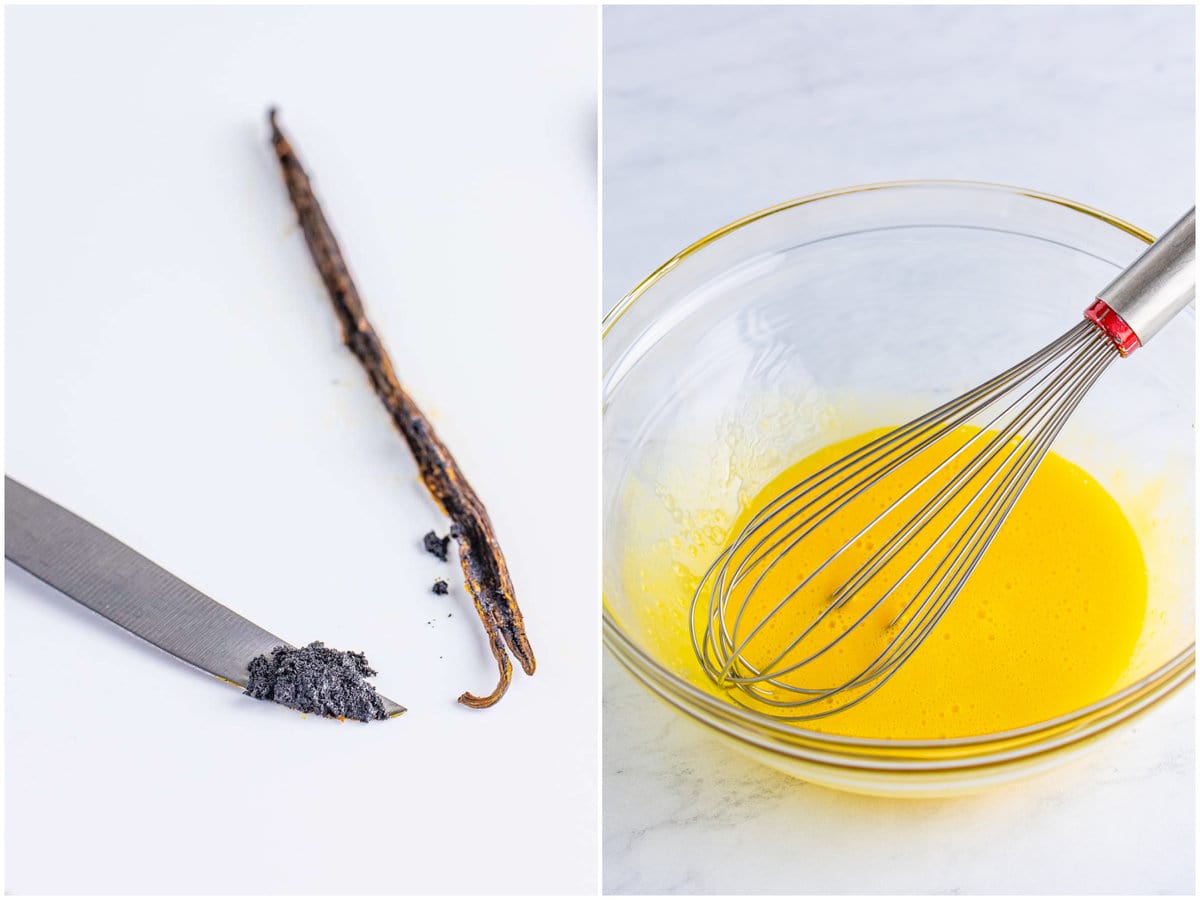collage of two photos: a knife with some vanilla bean on the tip next to the pod; egg yolks and a whisk in a bowl. 