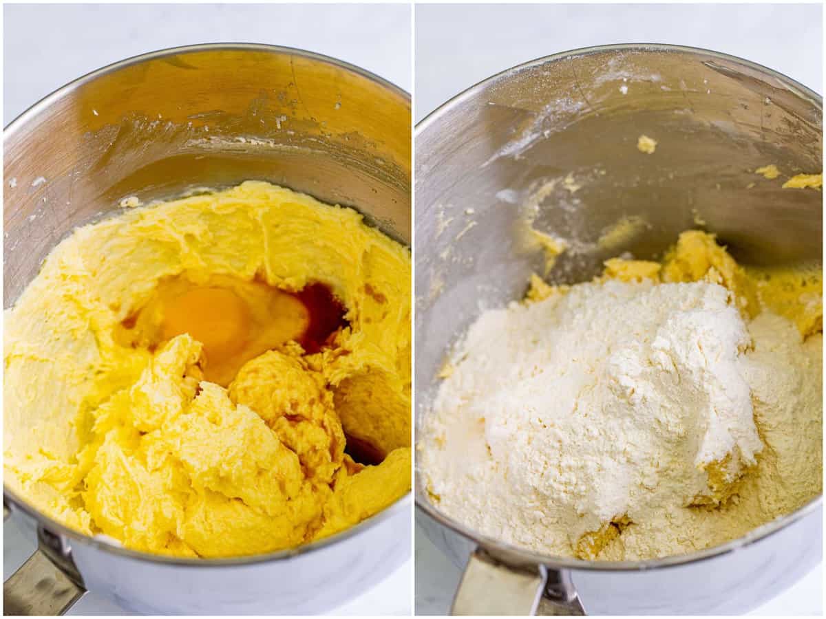 collage of two photos: eggs in a butter and sugar mixture in a mixing bowl; Dry ingredients being added to the wet ingredients in a mixing bowl.