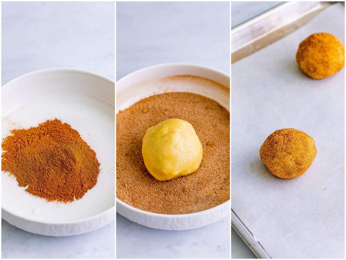 collage of three photos: cinnamon and sugar in a bowl; one large cookie dough ball being rolled in mixture; covered cookie dough on baking sheet. 