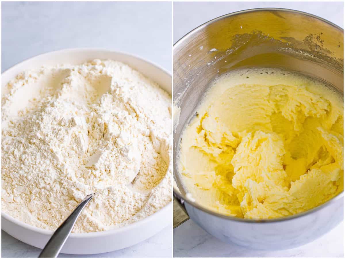 collage of two photos: a bowl of all-purpose flour, cream of tartar, baking soda, and salt; butter and sugar creamed together in a mixing bowl.