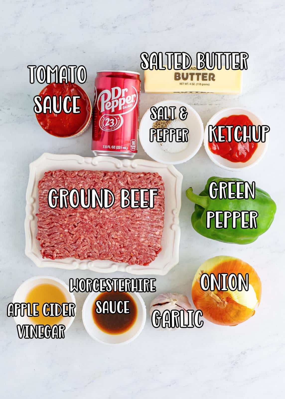 Lean ground beef, tomato sauce, ketchup, green pepper, onion, Dr Pepper soda in a can, butter, salt, pepper, Worcestershire sauce, garlic cloves, and apple cider vinegar.