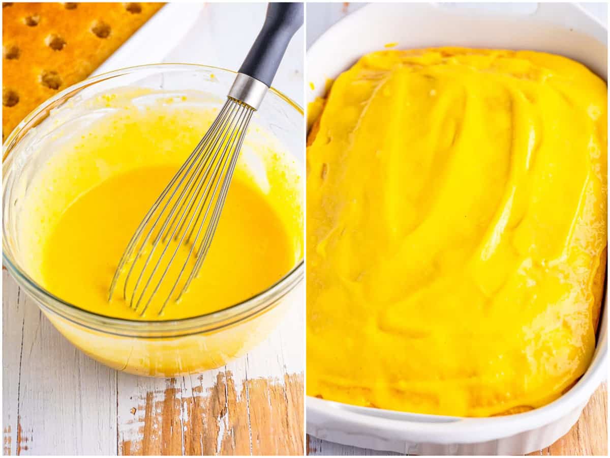 collage of two photos: eggnog and vanilla pudding in a mixing bowl with a whisk; eggnog pudding mixture spread onto cake and into holes in cake.  