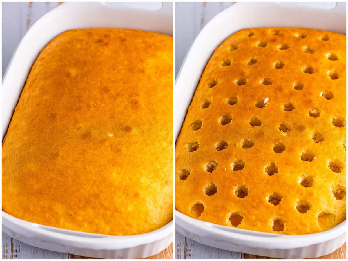 collage of two photos: fully baked cake in a baking dish; holes shown poked into cake. 