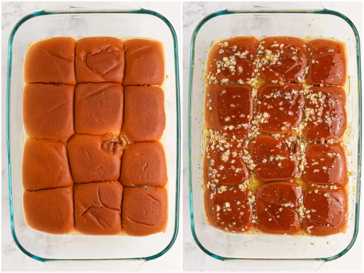 collage of two photos: top layer of buns added back on; butter mixture slathered on top of buns. 