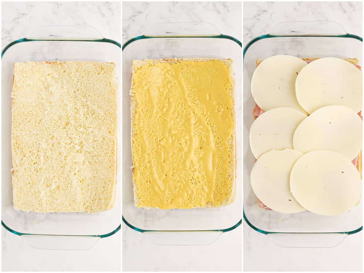collage of three photos: bottom half of Hawaiian Rolls in baking dish; honey mustard spread on top of rolls; ham and cheese added to rolls.