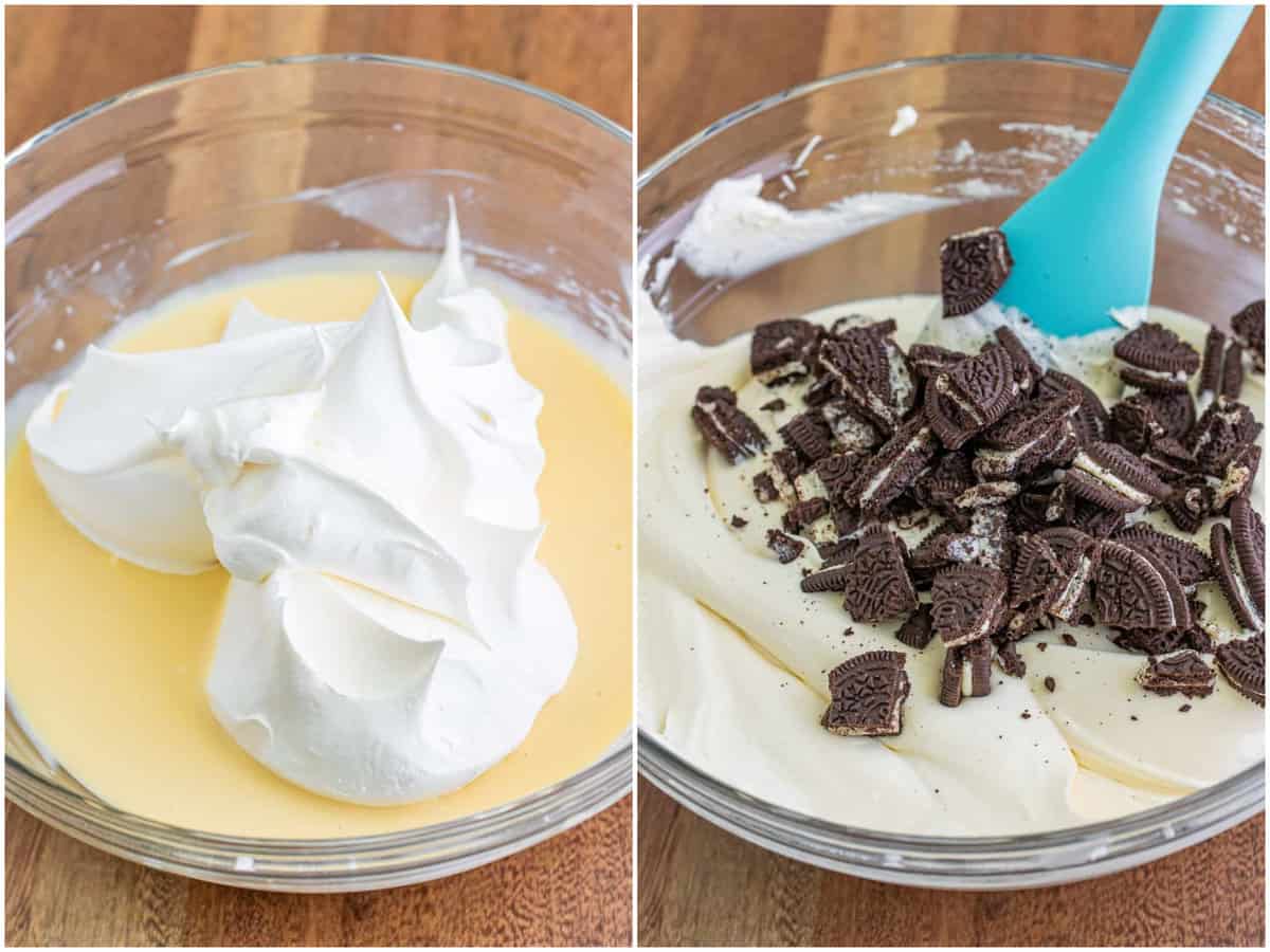 collage of two photos: whipped topping being added to a mixing bowl with cream cheese mixture; chopped Oreo cookies added to the mixture. 
