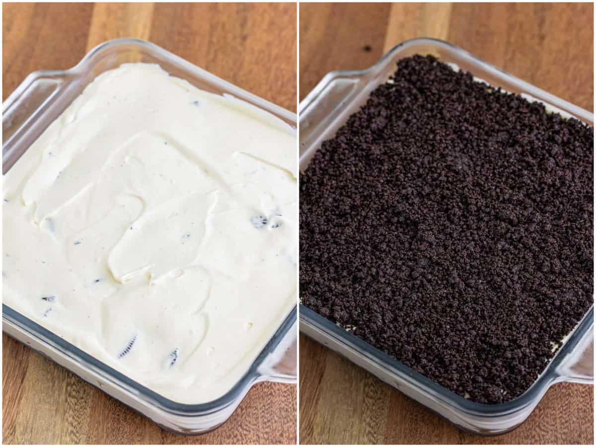 collage of two photos: cream cheese Oreo mixture is spread out over top of Oreo cookie crumbs in a baking dish; cookie crumbs sprinkled on top of cream cheese filling. 