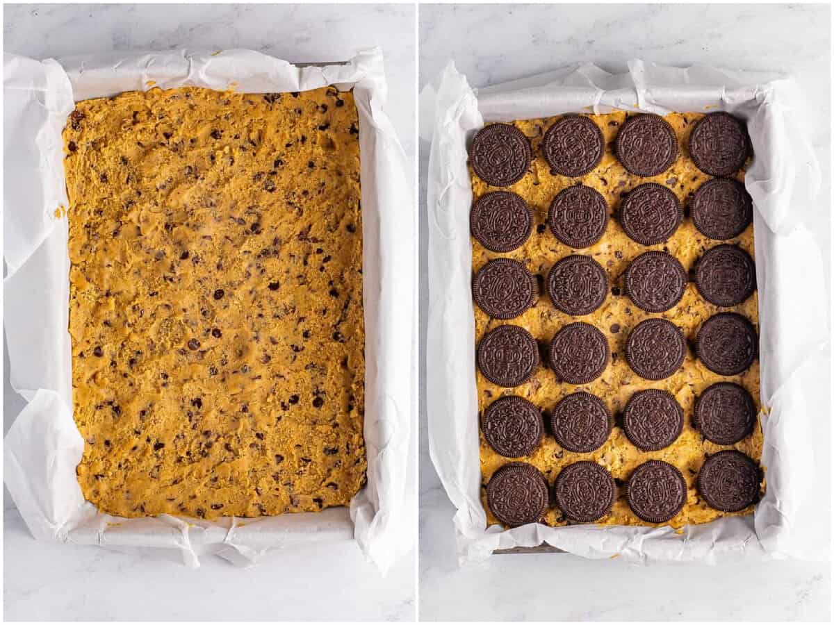 collage of two photos: chocolate chip cookie dough in a baking dish; Oreo cookies layered on top of cookie dough.