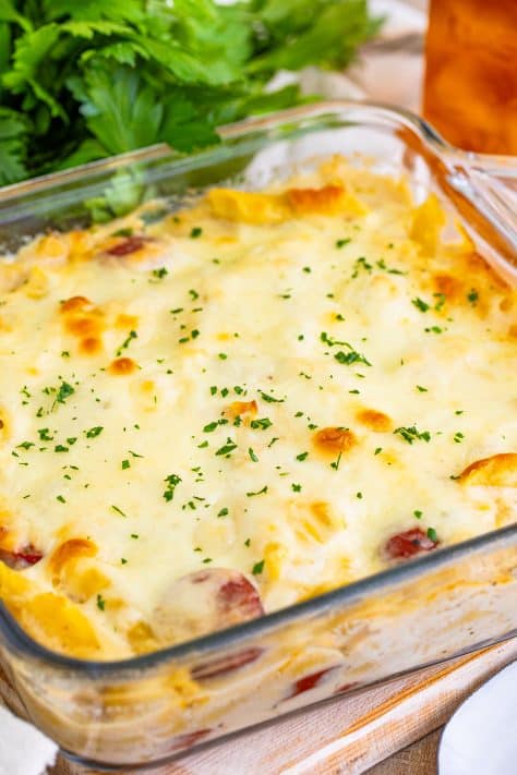 A fresh baked Polish Casserole for Two in a baking dish.
