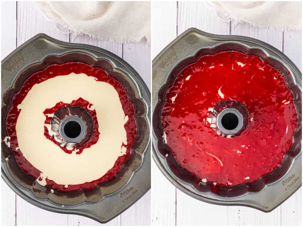 collage of two photos: a bundt cake pan with red velvet cake batter and cheesecake filling; a bundt cake pan with half of the red velvet cake batter, cheesecake filling and the rest of the cake batter on top.