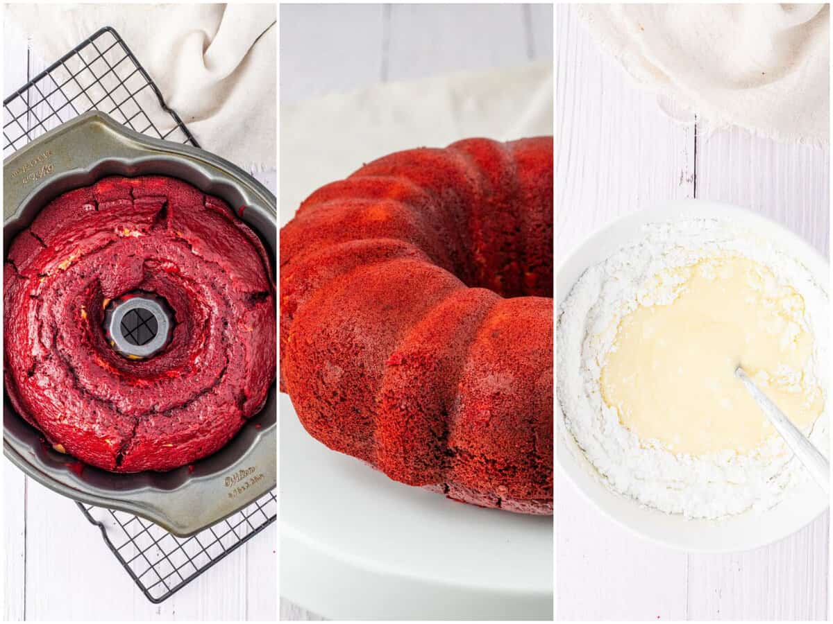 collage of three photos: a baked red velvet cake with filling in a bundt cake pan; baked cake turned out on a cake pan; heavy cream and powdered sugar with cream cheese in a mixing bowl.