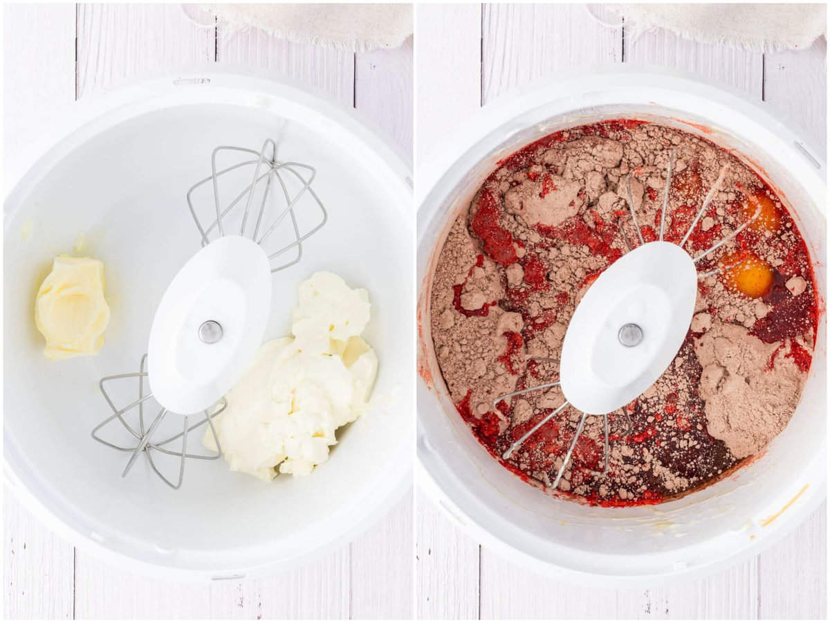 collage of two photos: cream cheese and butter in a mixing bowl, red velvet cake mix, eggs, oil, and water in a mixing bowl.