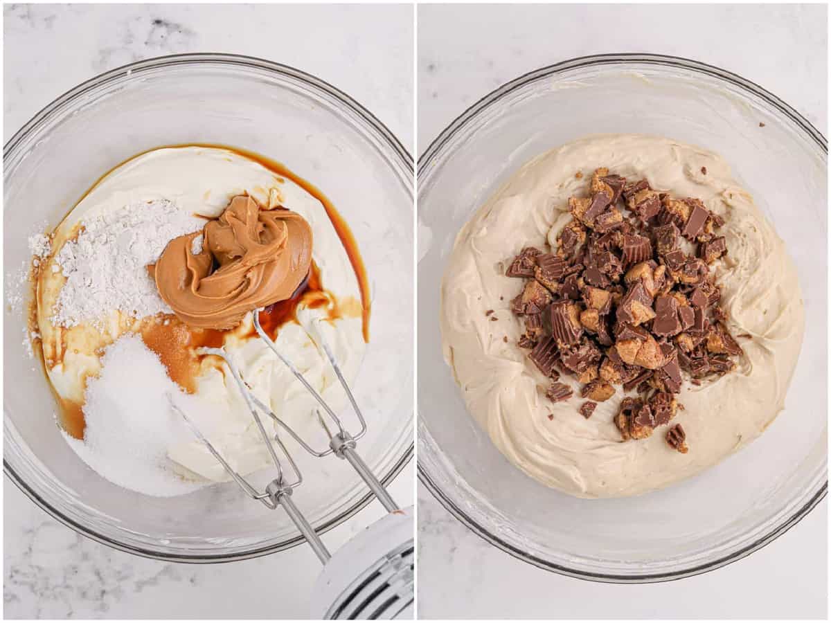 collage of two photos: peanut butter, sugar, flour and vanilla added to mixing bowl; chopped Reese's peanut butter cups added to cheesecake batter. 