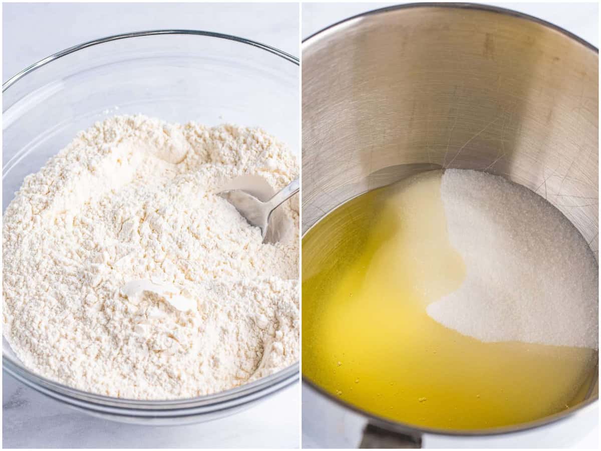 collage of two photos: flour in a bowl being sifted with a fork; sugar and oil in a stand mixer bowl. 