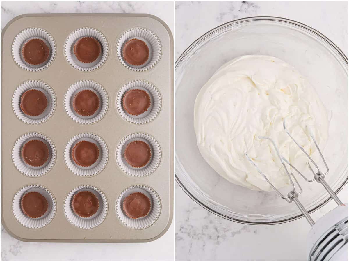 collage of two photos: A muffin tin, each well lined with cupcake liners and a Reese's cup in each one; a mixing bowl with cream cheese and sour cream being mixed. 