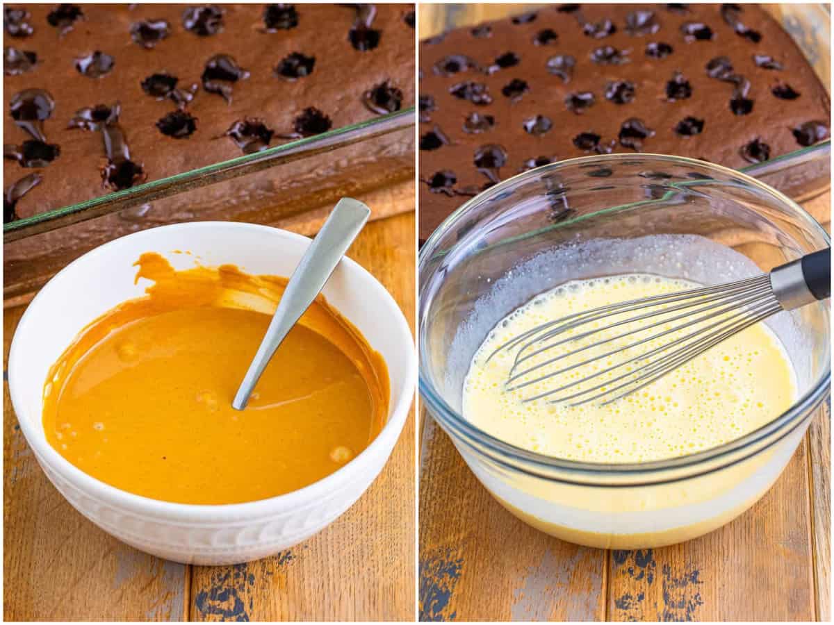 collage of two photos: a small bowl with melted peanut butter; a larger bowl with instant pudding and milk whisked together. 